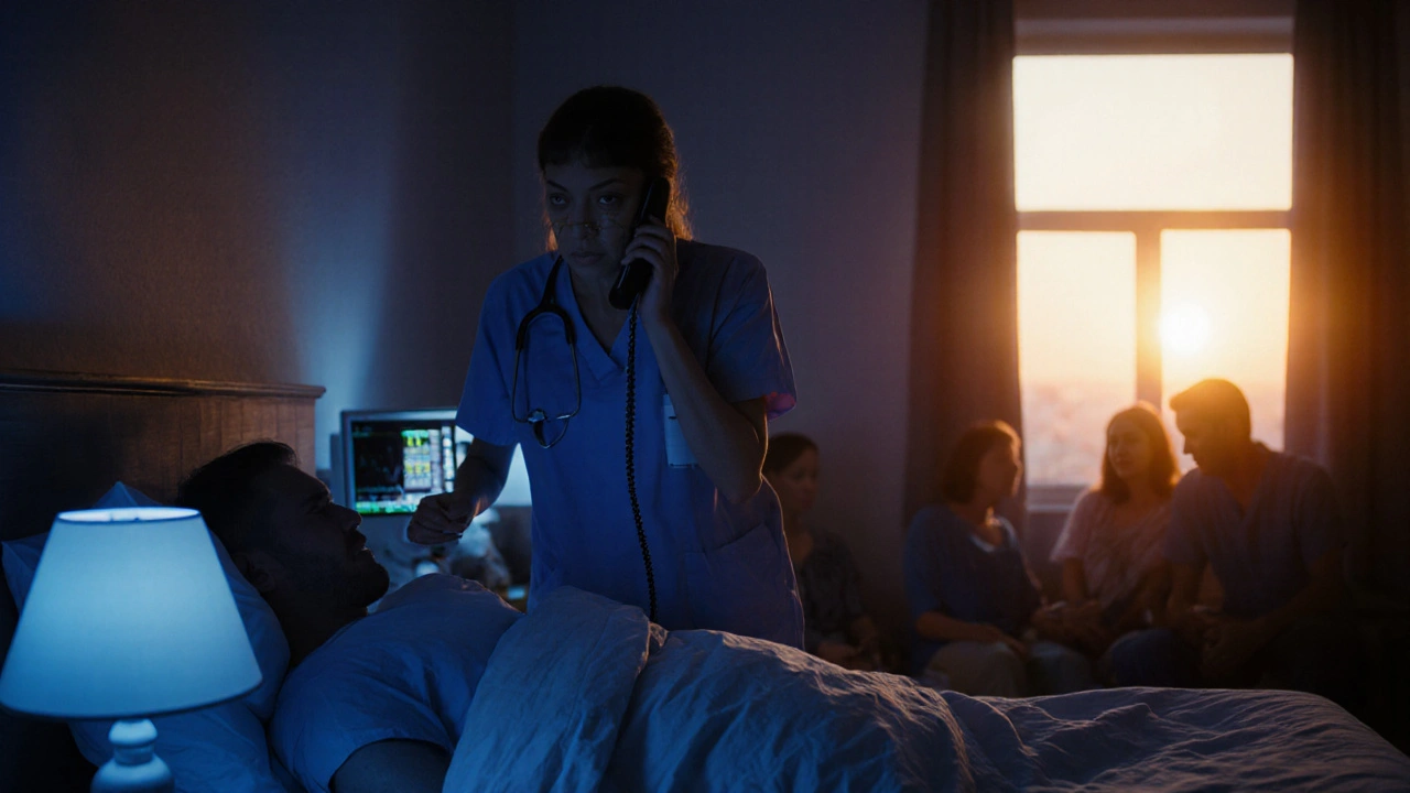 Aidant appelant les secours à côté d'un patient au lit, ambiance rassurante et entourage soutenant.