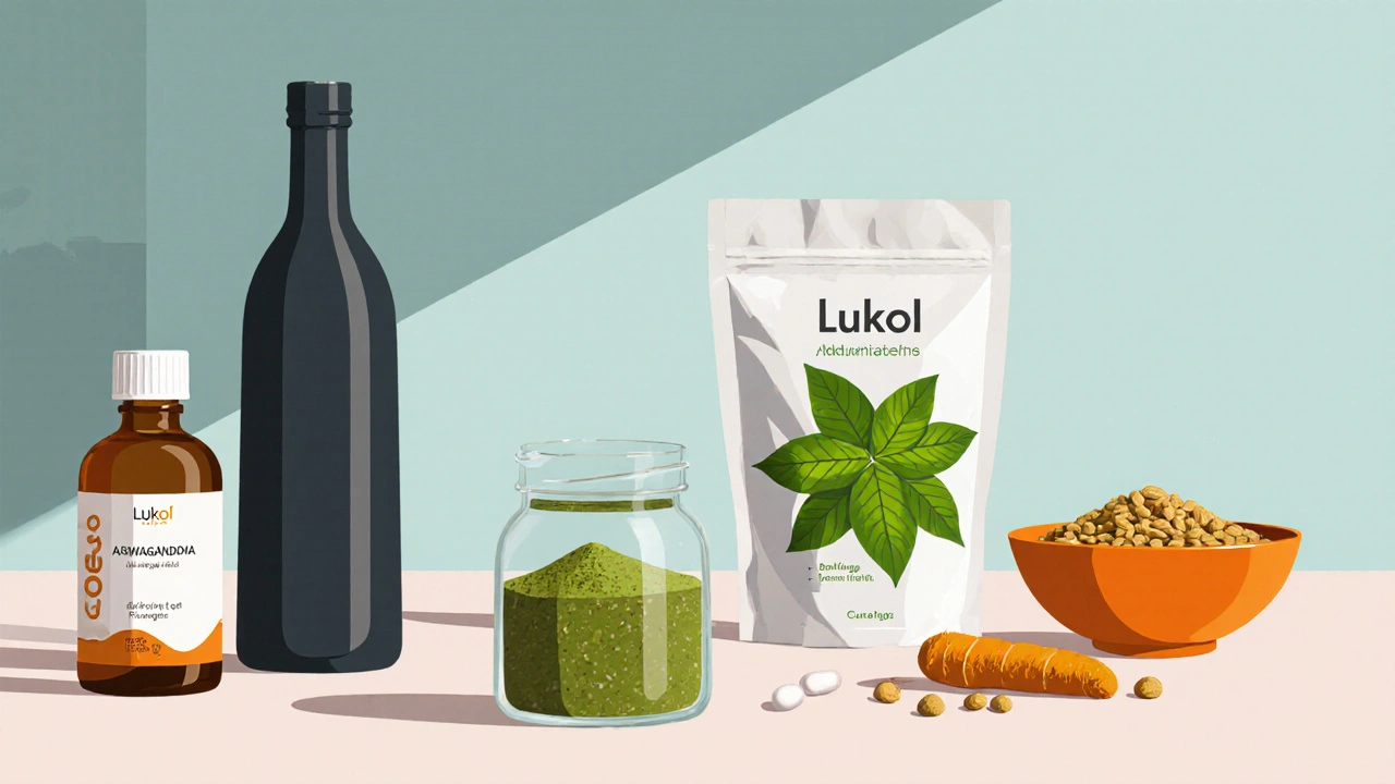 Banc de cuisine avec bouteilles de Lukol, Ashwagandha, Moringa, Gotu Kola, Curcuma et Fenugrec.