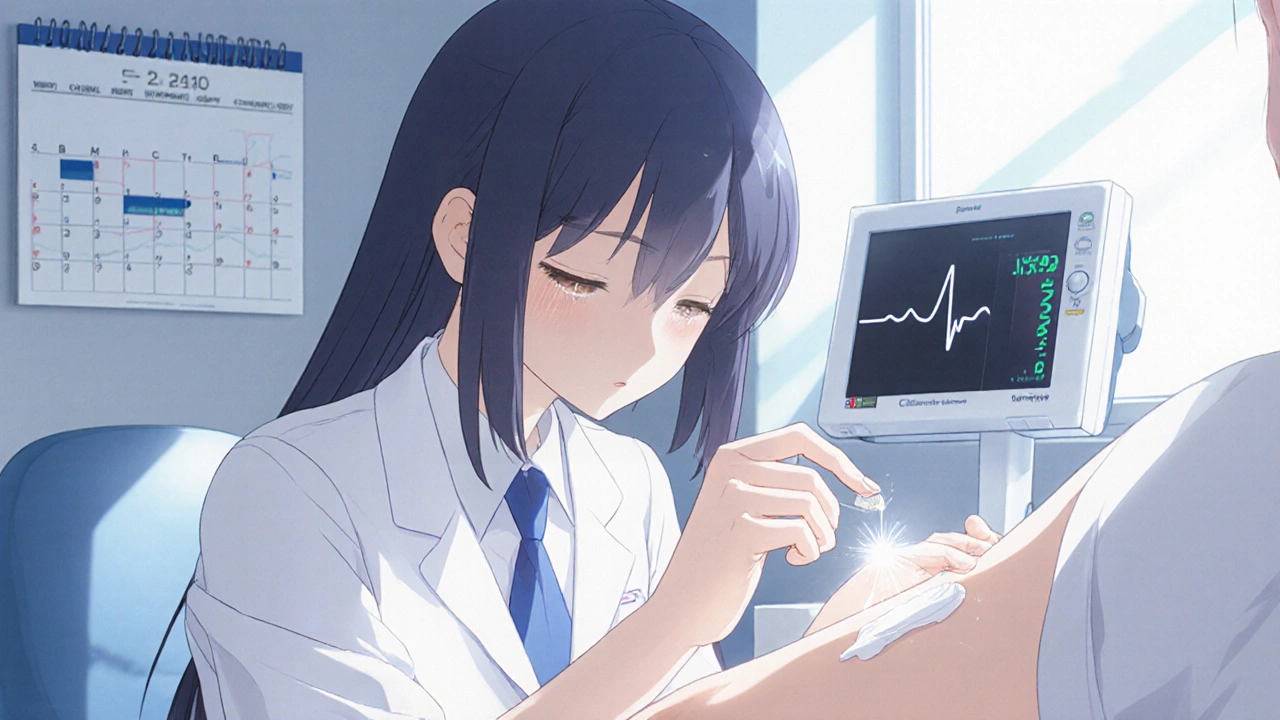 Bishoujo appliquant une fine couche de crème sur le bras d&#039;un patient, avec calendrier et moniteur en arrière‑plan.