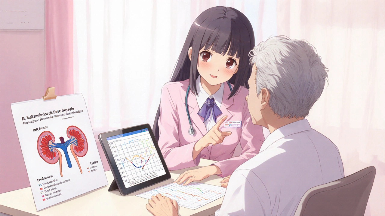 Bishoujo médecin conseillant un patient âgé, montrant diagrammes rénaux et ajustement de dose.