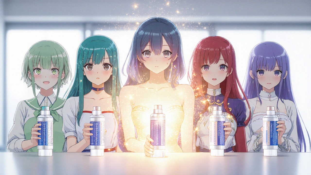 Cinq personnages bishoujo, chacune avec un tube de corticoïde, leurs auras de couleur indiquent la puissance relative.