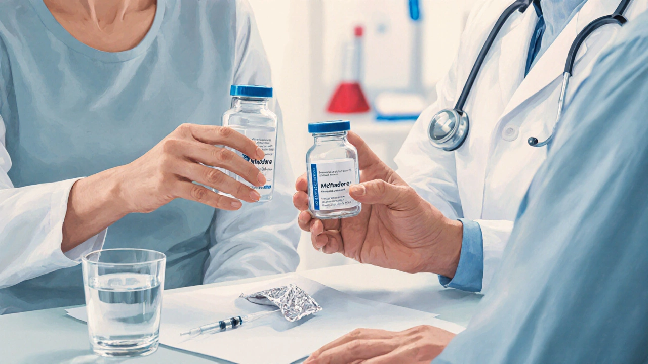 Consultation médicale où le patient reçoit methadone et buprénorphine dans un cabinet calme.