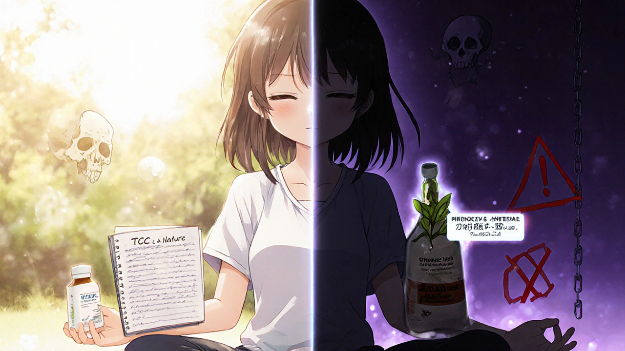 Contraste entre une vie saine avec thérapie et lumière, et une version sombre avec millepertuis dangereux.