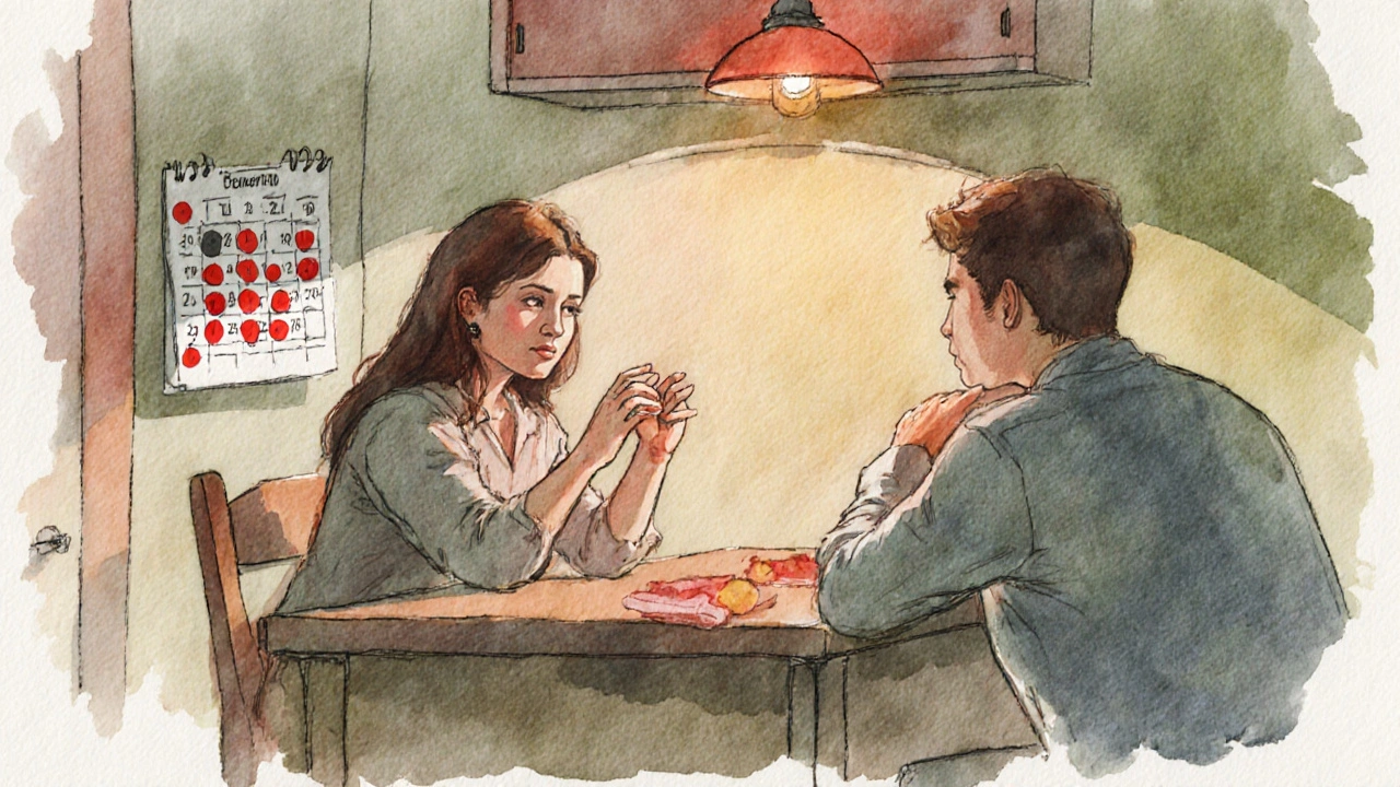 Couple échangeant au dîner, calendrier montrant les jours de crise en rouge.