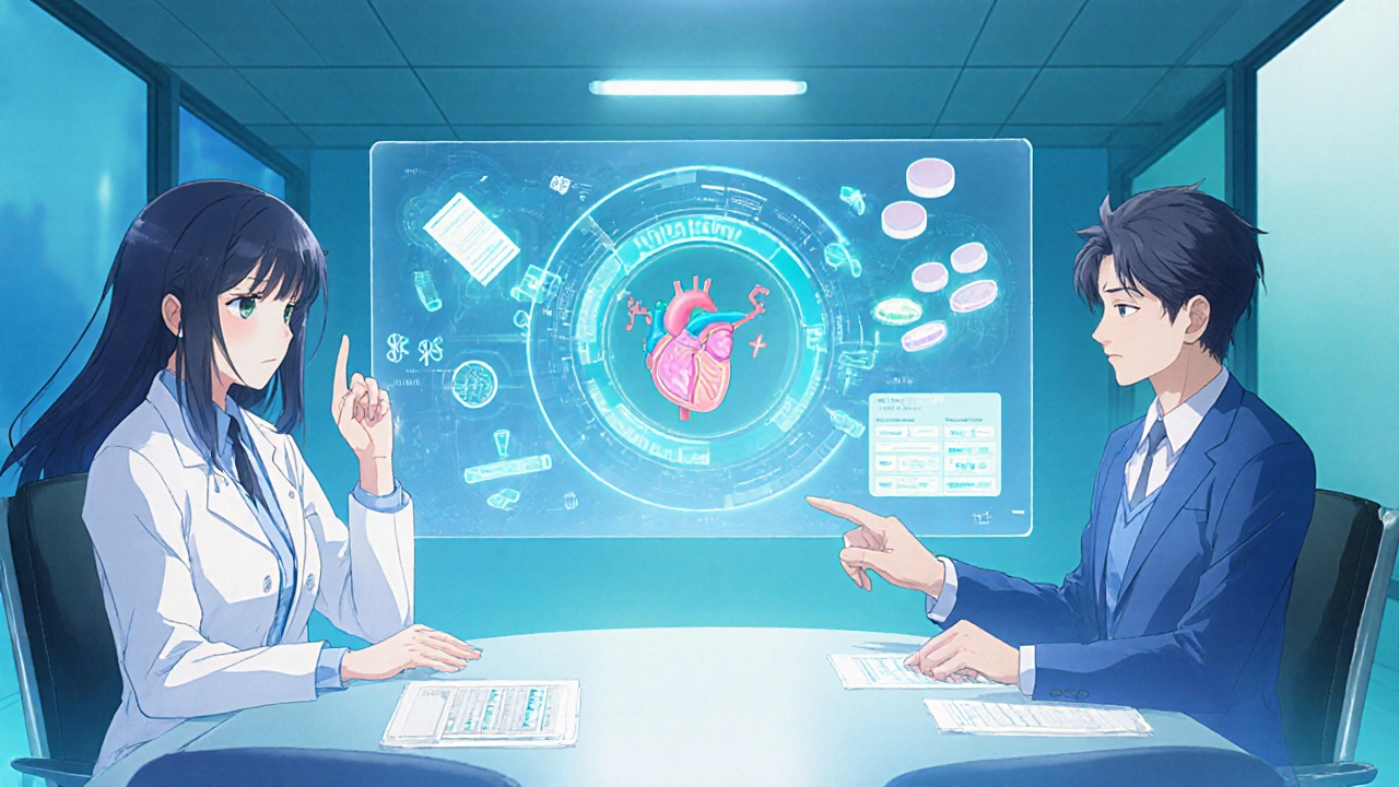 Équipe médicale utilise un holo‑affichage pour réviser les médicaments.