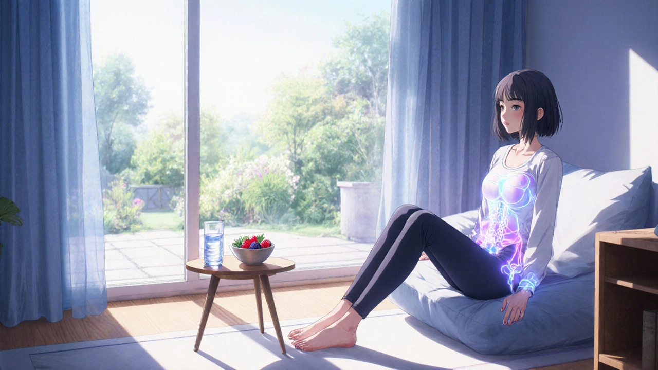 Femme bishōjo effectuant des exercices de Kegel, muscles pelviens visibles en lueur, verre d&#039;eau et baies à côté.