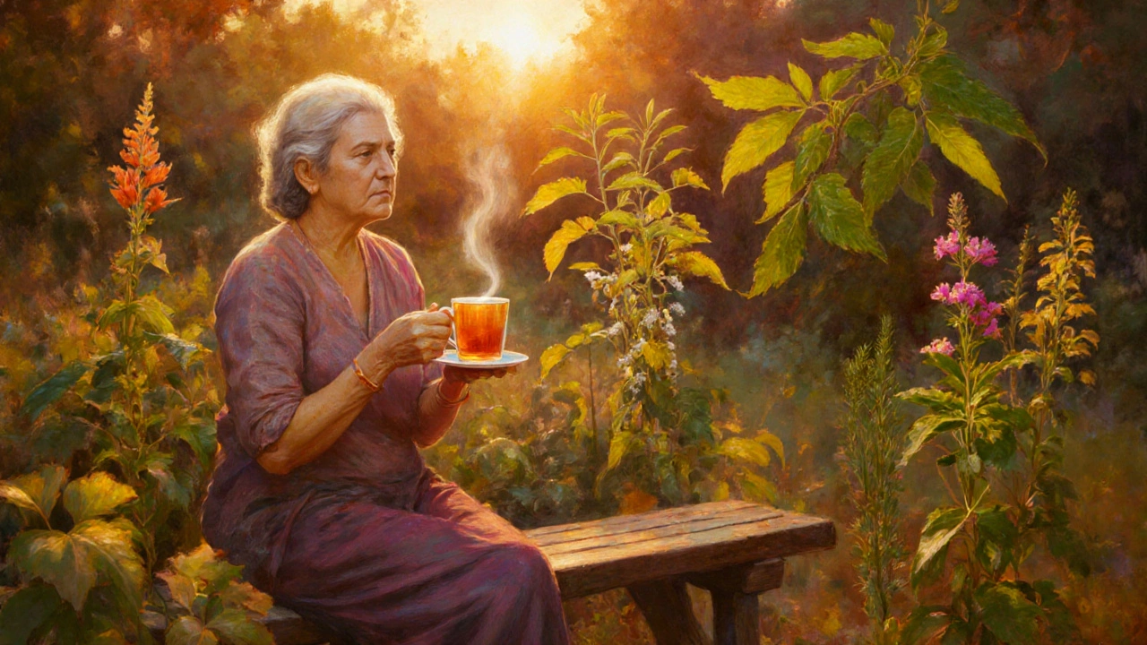 Femme dans un jardin au crépuscule, entourée des plantes Dhataki, Shatavari, Punarnava, Ashwagandha et Moringa.