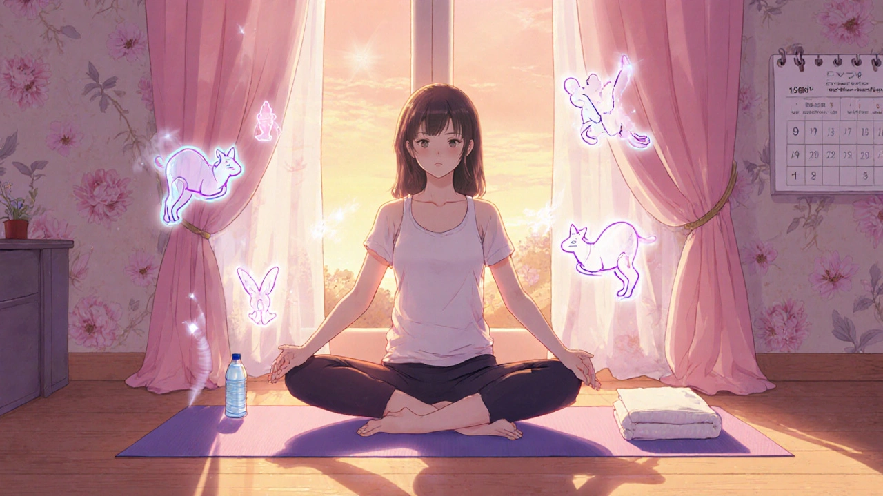 Femme en yoga doux à la maison, lumière dorée, symboles subtils des exercices de Kegel autour du bassin.