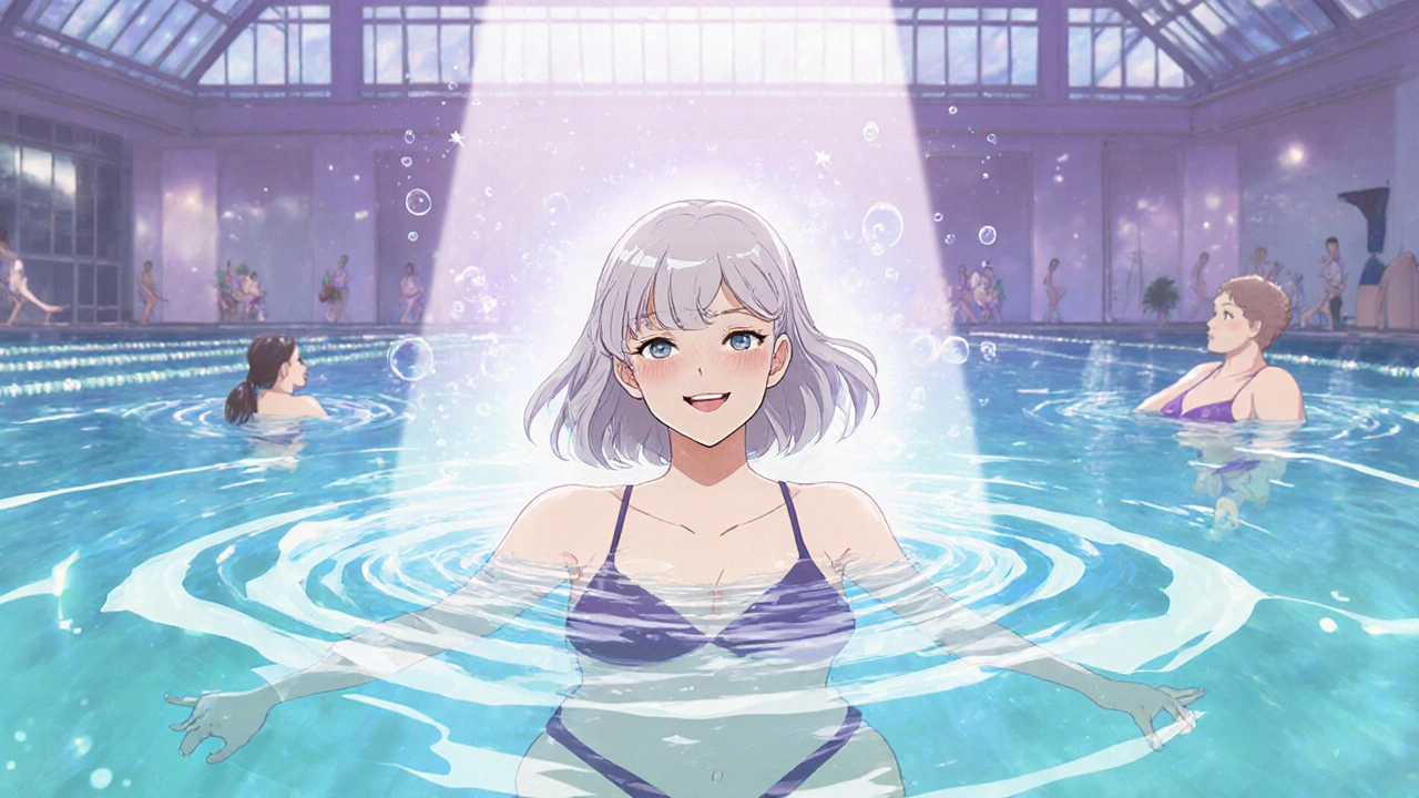 Femme nageant dans une piscine chauffée, cheveux flottants, lueur de relaxation autour du bassin.