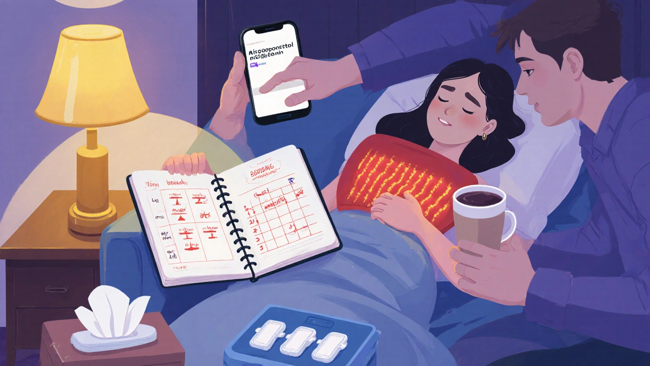 Femme reposant sur le canapé avec coussin chauffant, journal de suivi et téléphone du médecin.