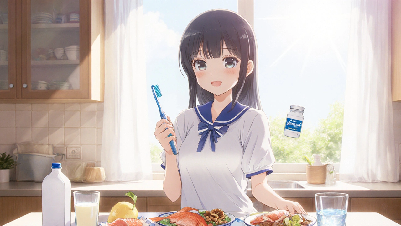 Fille souriante avec brosse à dents, entourée d’aliments riches en phosphate et soleil symbolisant la vitamine D.