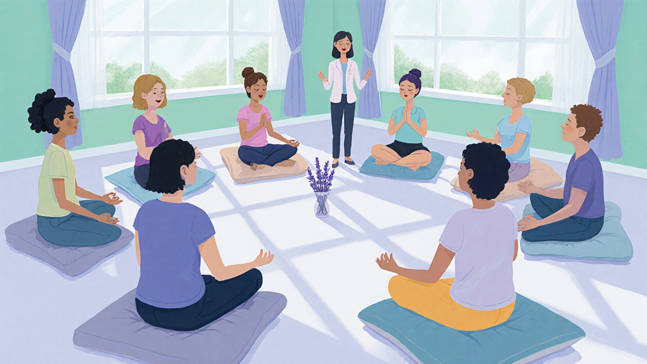 Groupe de soutien, participants en cercle pratiquant des techniques de respiration.