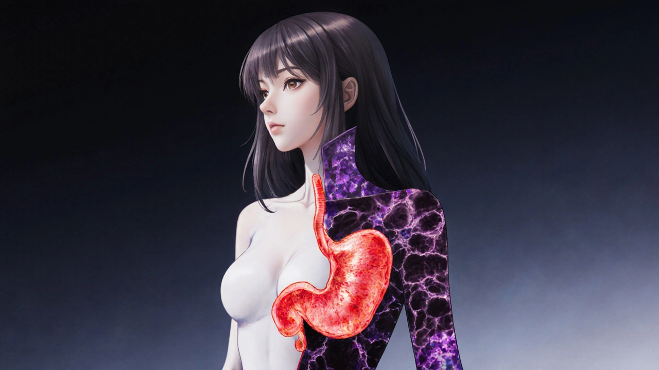Illustration montrant l’évolution de la muqueuse gastrique d’inflammation à cancer, vue à travers une silhouette féminine.