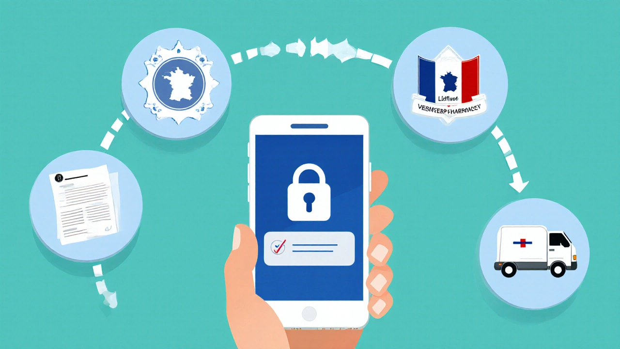 Illustration montrant les étapes de vérification d&#039;une pharmacie en ligne, incluant ordonnance, badge, paiement sécurisé et livraison.