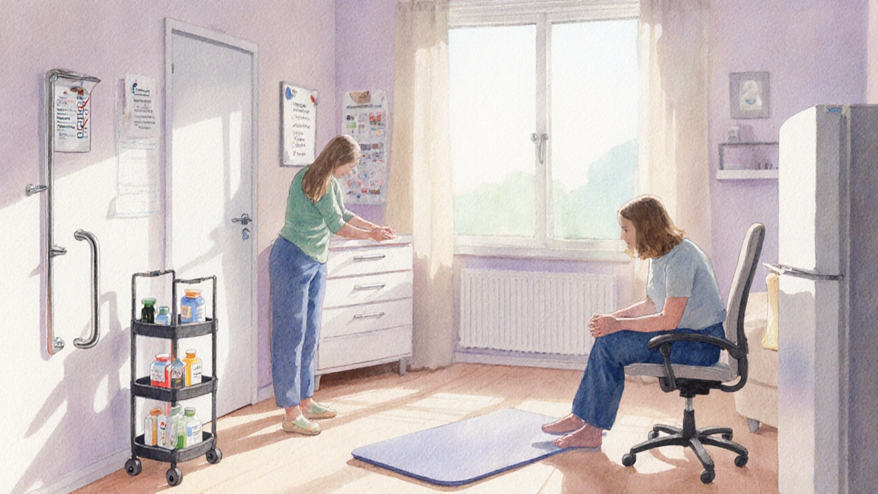 Intérieur adapté : barres d’appui, poignée ergonomique, partenaire aidant à la physiothérapie.