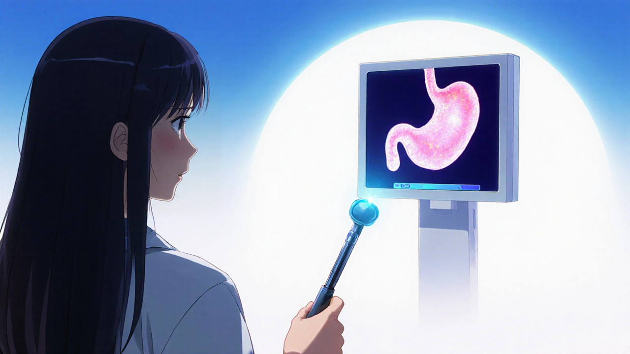 Médecin bishōjo effectuant une endoscopie gastrique, ambiance rassurante et lumineuse.