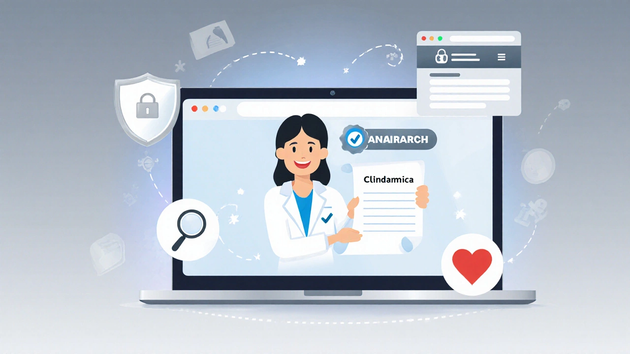 Ordinateur affichant le logo ANSM et un pharmacien virtuel montrant une ordonnance numérique, symbolisant l&#039;achat sécurisé en ligne.