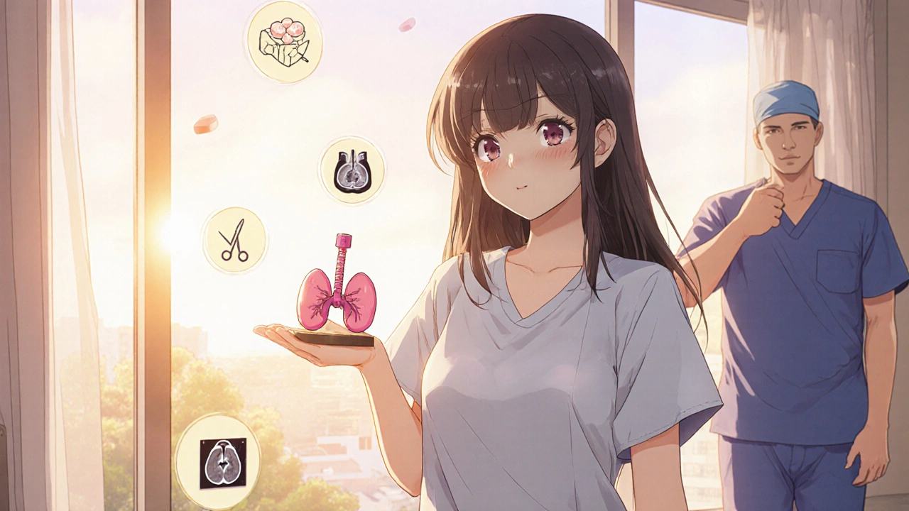 Patiente bishoujo optimiste après traitement, tenant un modèle de thyroïde.