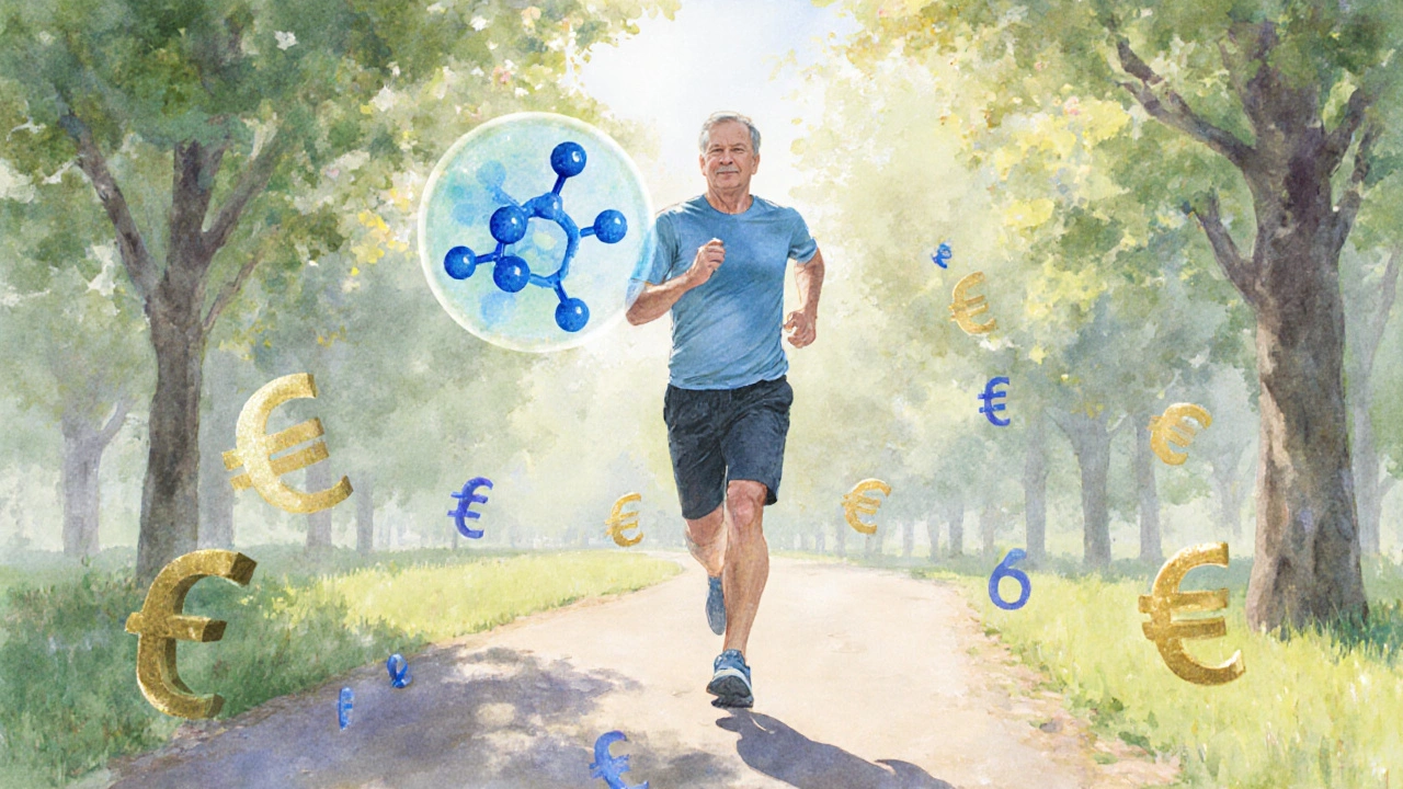 Peinture à l&#039;aquarelle d&#039;une personne qui court dans un parc, avec une molécule d&#039;atorvastatine et des symboles d&#039;euro en arrière‑plan.