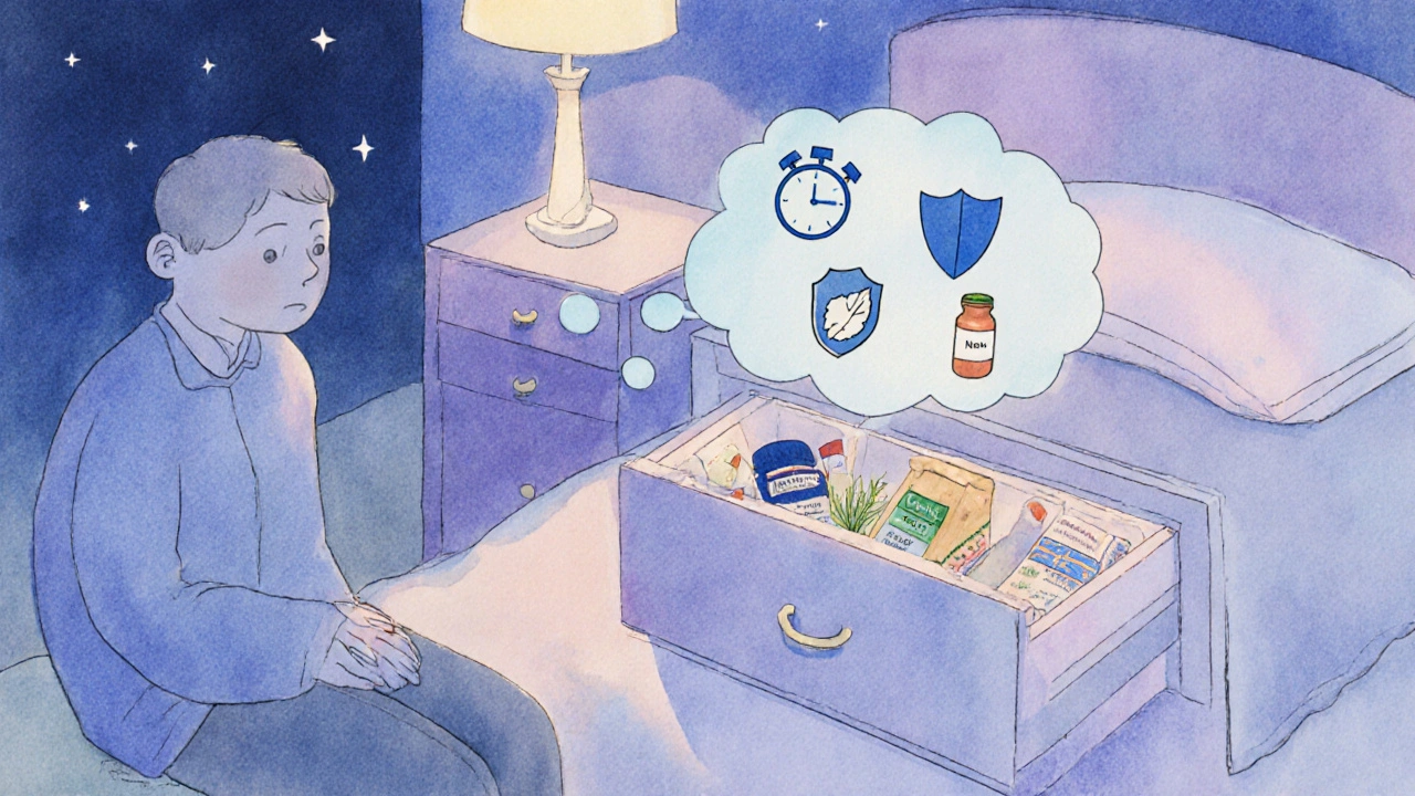 Personne au bord du lit examinant un tiroir rempli d’options de sommeil, entourée d’une ambiance sereine.