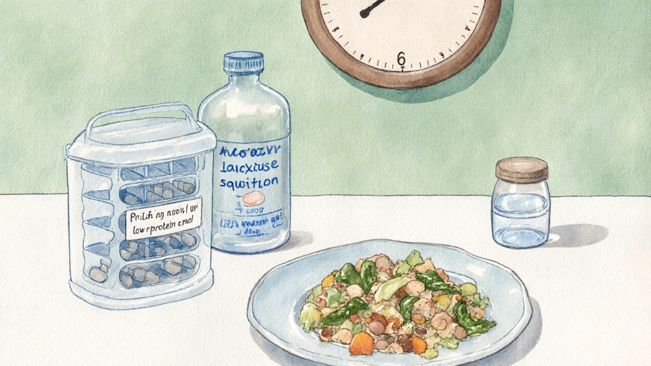 Plan de cuisine avec pilulier, bouteilles de lactulose et rifaximin, repas pauvres en protéines et verre d'eau.