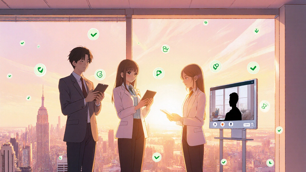 Professionnels en visioconférence avec un patient, illustrant la télésanté.