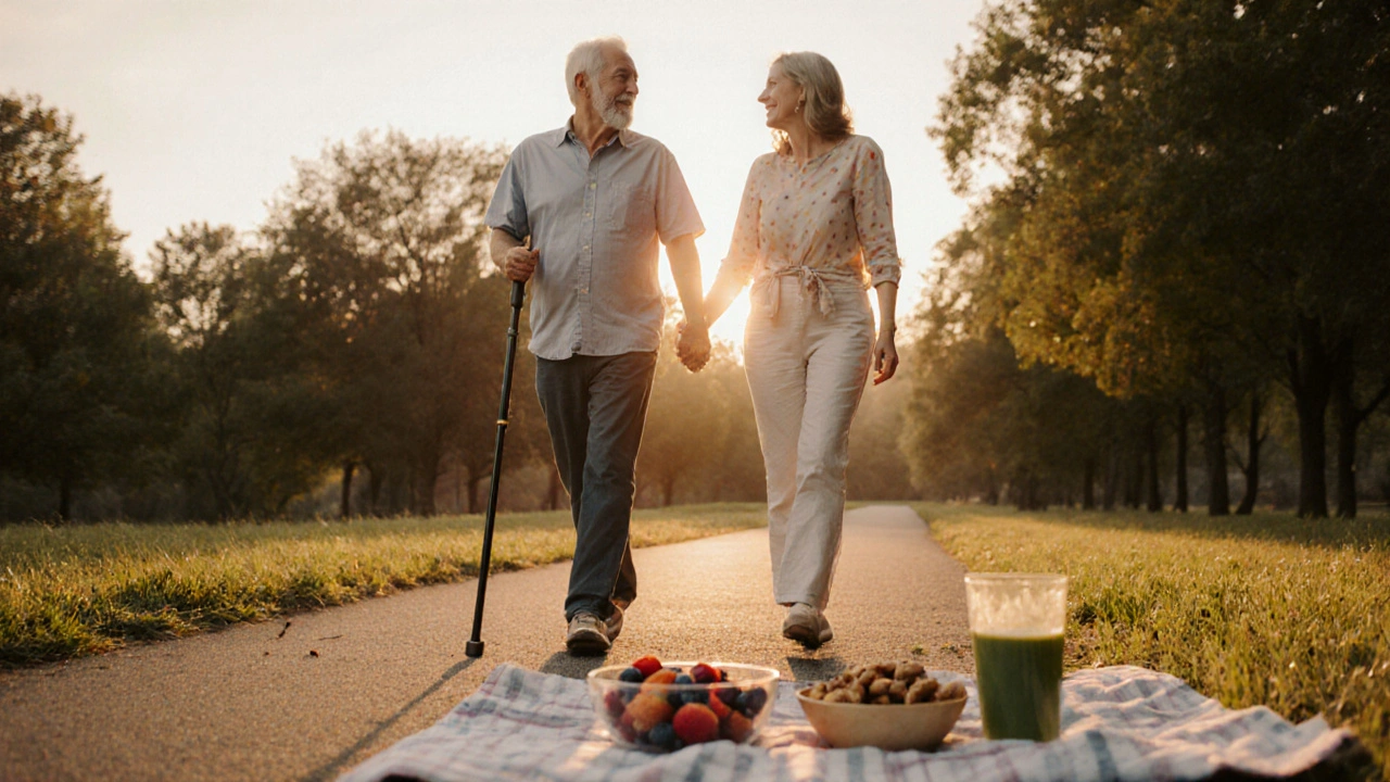 Promenade au parc au coucher du soleil, couple partageant un smoothie anti‑inflammatoire.