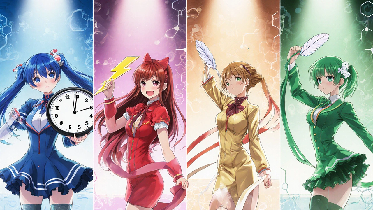 Quatre personnages bishōjo représentant Levitra, Viagra, Cialis et Stendra avec leurs symboles.