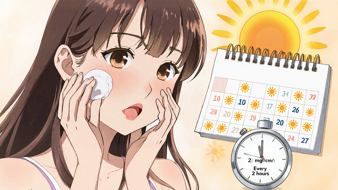 Routine matinée : application de sérum puis de crème solaire, montre 2 mg/cm² et calendrier 30 jours.