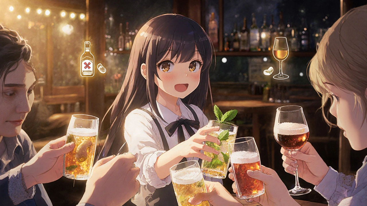 Scène de bar à Nantes, une jeune femme lève un mocktail sans alcool, entourée d&#039;amis, avec des boissons non alcoolisées et une ombre qui disparaît.