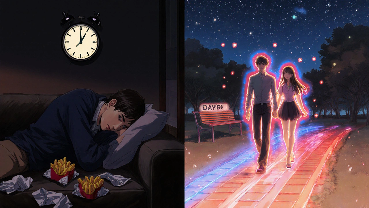 Scène divisée : homme fatigué à la maison vs homme heureux en promenade nocturne, énergies lumineuses.