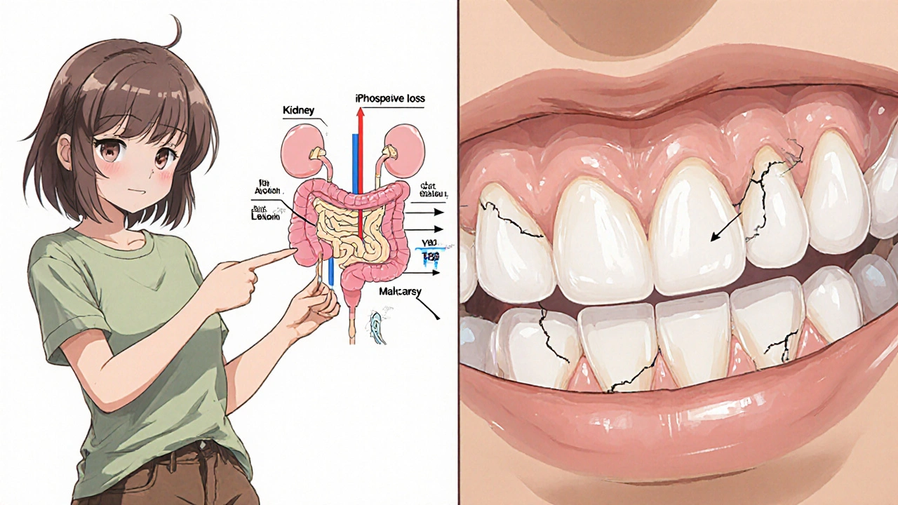 Scène divisée montrant intestin et reins avec perte de phosphate et dent présentant émail fragile.