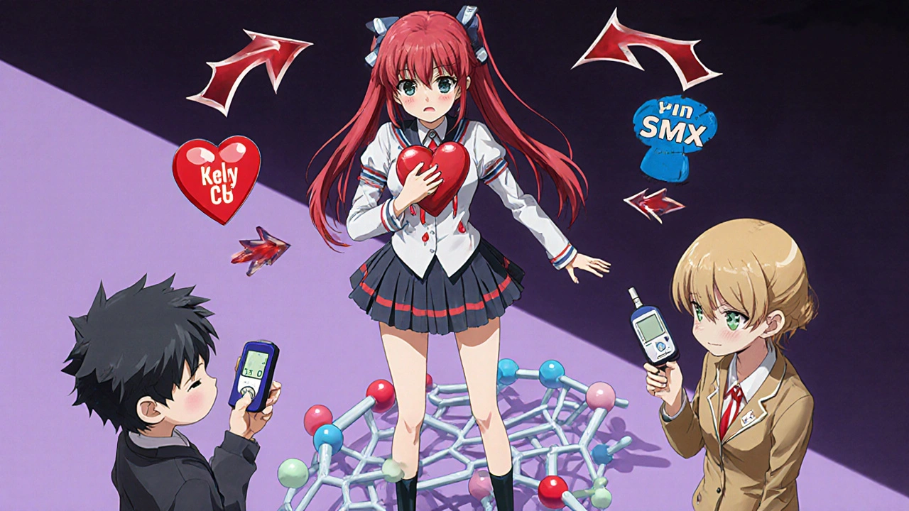 Scène montrant le sulfaméthoxazole entouré du warfarine, métformine et digoxine, illustrant les interactions.