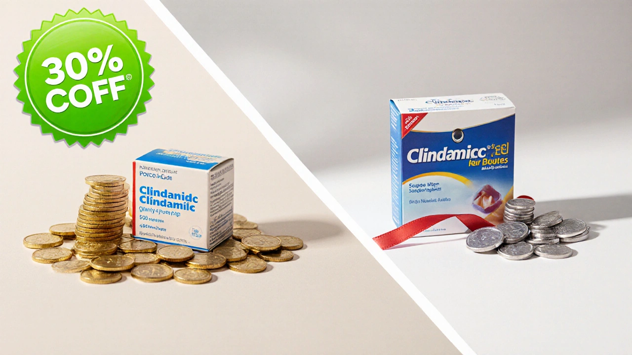 Scène montrant un consommateur comparant une boîte bon marché de clindamycine générique à une boîte de marque plus chère, entouré de pièces de monnaie et de coupons.