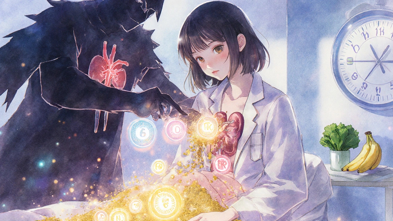 Schéma corporel stylisé avec des électrolytes qui s&#039;échappent, un esprit alcool sombre attaquant le cœur et les reins, sous une lumière douce.