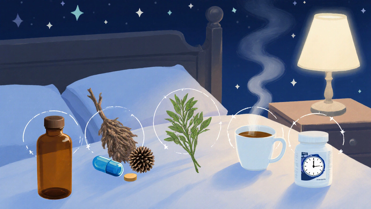 Tableau de six aides au sommeil (mélatonine, doxylamine, valériane, houblon, camomille, Unisom) en illustration pastel.