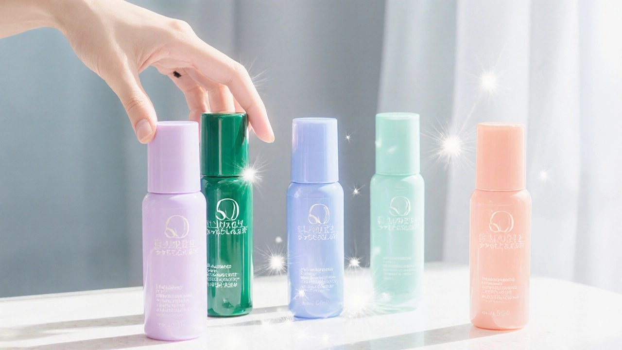 Tablette de toilette avec cinq crèmes solaires colorées et main féminine les sélectionnant.