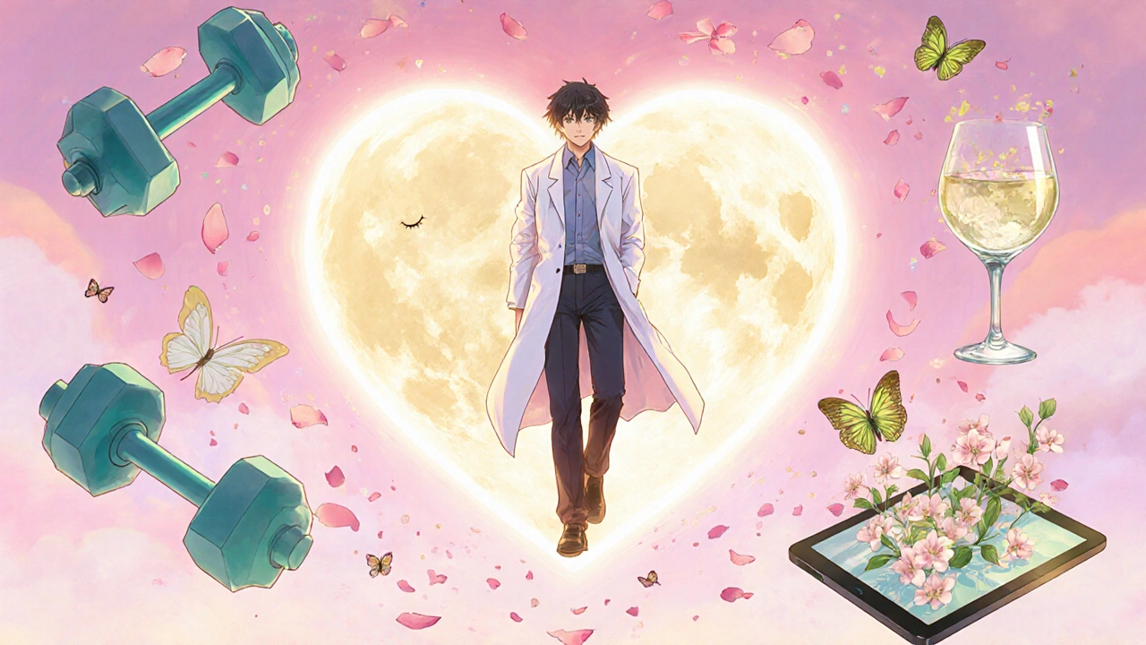 Transformation symbolique d&#039;un homme vers une version plus énergique, avec éléments naturels et papillons.