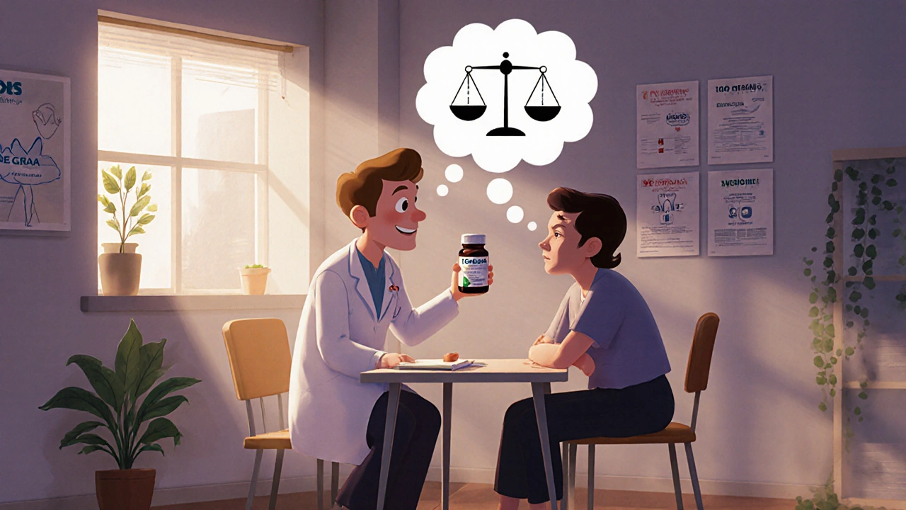Un pharmacien montre un flacon de Zenegra à un couple, avec une bulle de pensée montrant une balance coût‑effet.