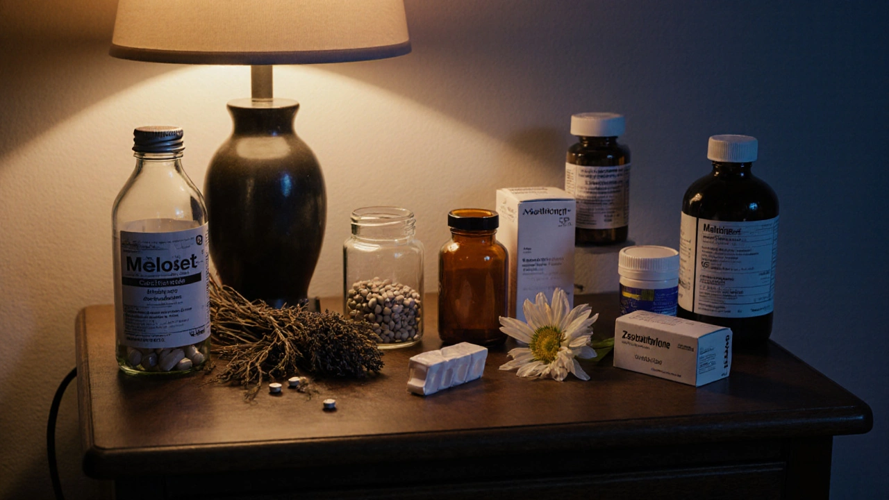 Vue d’une table de nuit avec divers remèdes du sommeil : capsules, plantes, minéraux et médicaments.