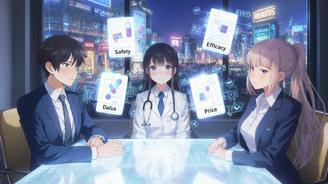 Comité médical analysant des critères de sécurité, efficacité et prix sur une table holographique.
