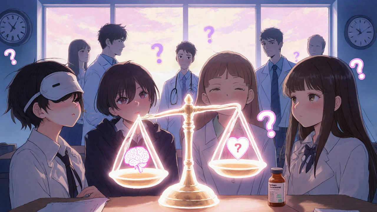 Des adolescents en classe, chacun avec des signes visuels de sommeil ou de stress cardiaque, une balance symbolique au premier plan.