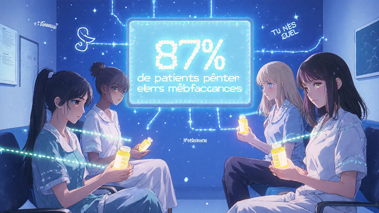 Des patients dans une salle d&#039;attente connectés à un écran affichant 87 % d&#039;adhésion, certains brillent, d&#039;autres s&#039;assombrissent.