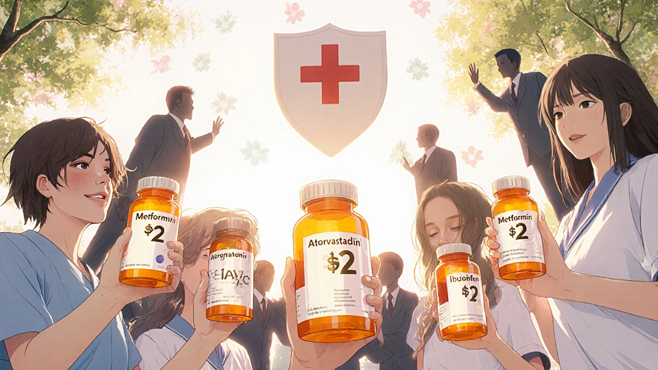 Des patients tiennent des médicaments génériques avec des étiquettes , sous un soleil doré.