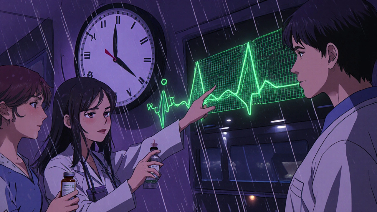 Équipe médicale surveillant un ECG en temps réel en réanimation, formule de Fridericia en hologramme.