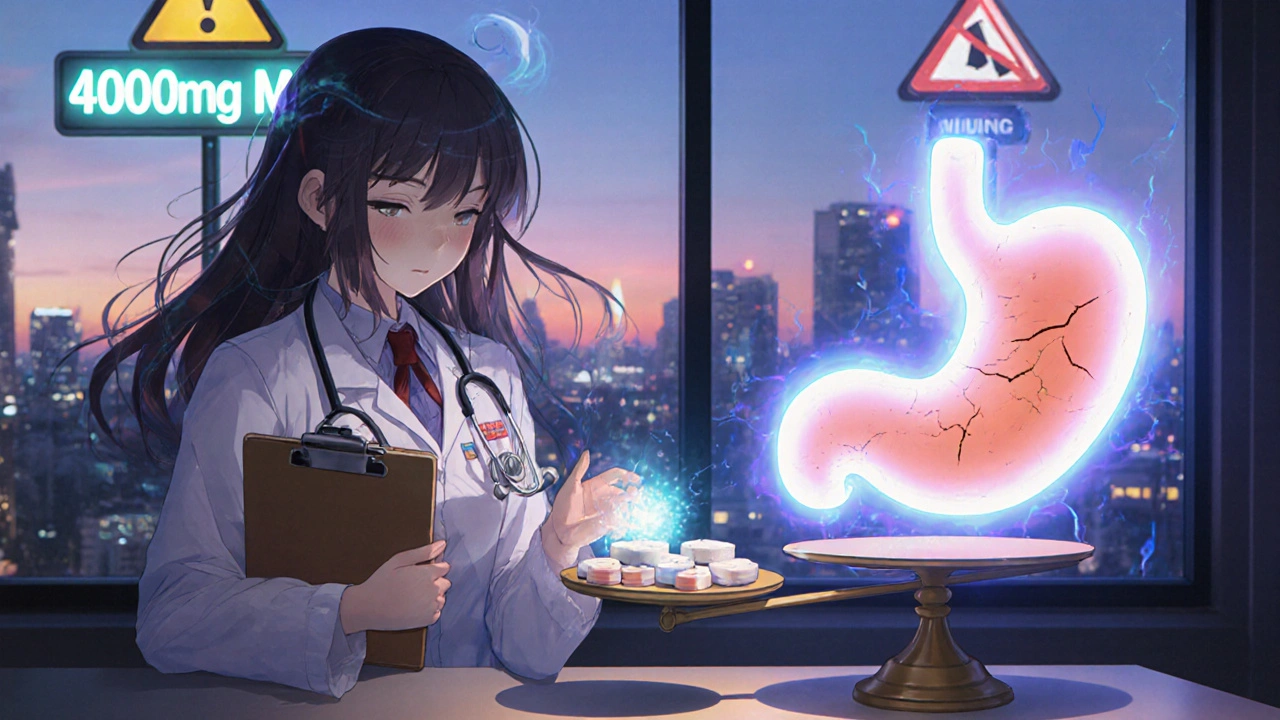 Étudiante médicale guidant des esprits représentant le foie et l&#039;estomac vers une balance équilibrée de médicaments.