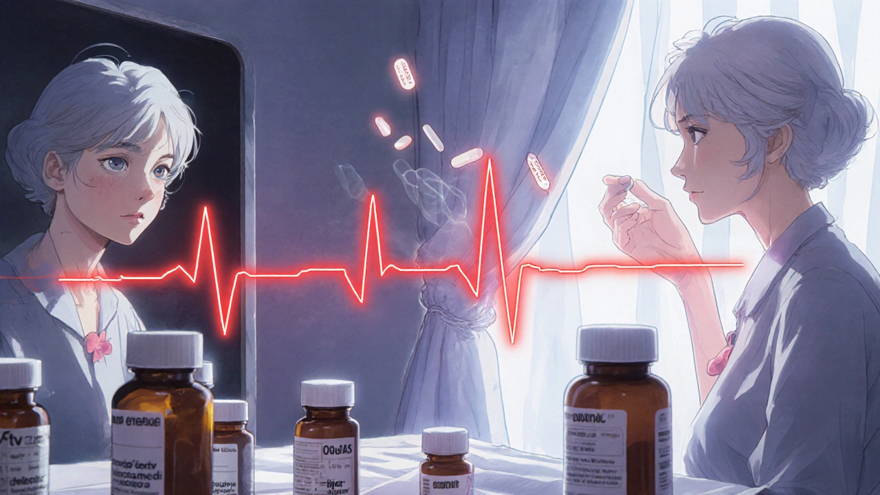 Femme âgée entourée de médicaments, un tracé ECG rouge s&#039;élevant de sa poitrine.