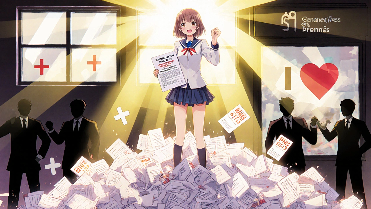 Femme debout sur des lettres de refus d&#039;assurance, tenant un formulaire médical accepté, lumière dorée et symboles médicaux dans le fond.