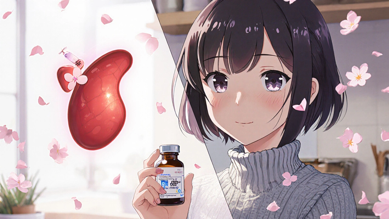 Femme heureuse tenant de l&#039;ezétimibe, avec des symboles de cholestérol et d&#039;injection en arrière-plan.