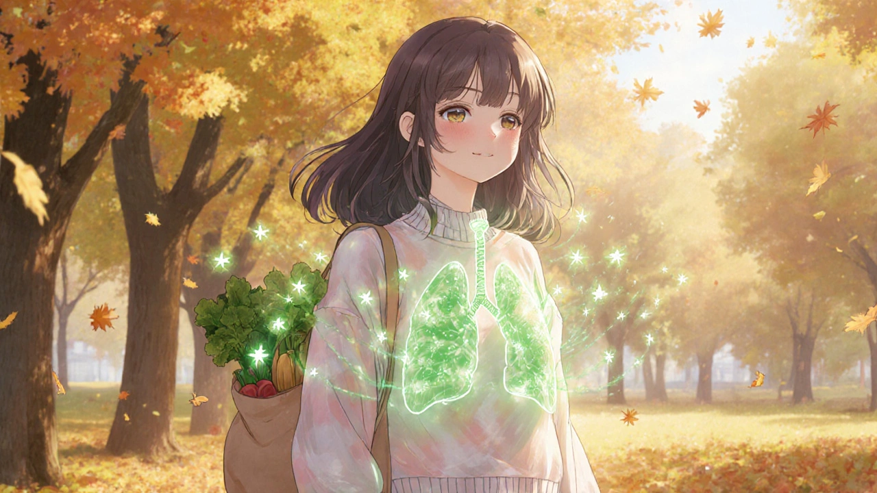 Femme marchant dans un parc, des particules lumineuses vertes entourent ses poumons, symbole de prévention.